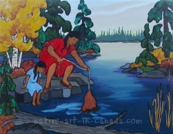 A painting by the Ojibwa artist, Nokomis, showing her mother soaking deer hides in the lake.