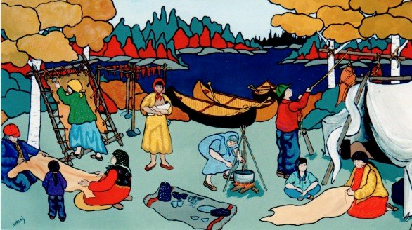 A Painting by Ojibwa artist Nokomis of a hunting camp where people are drying meat, and tanning hides.